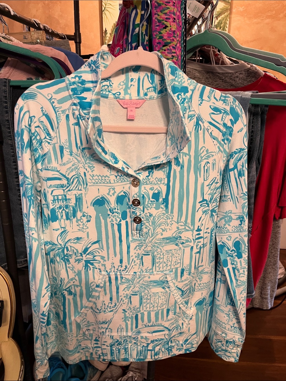 Vineyard Vines Turquoise & White Printed Popover Pullover